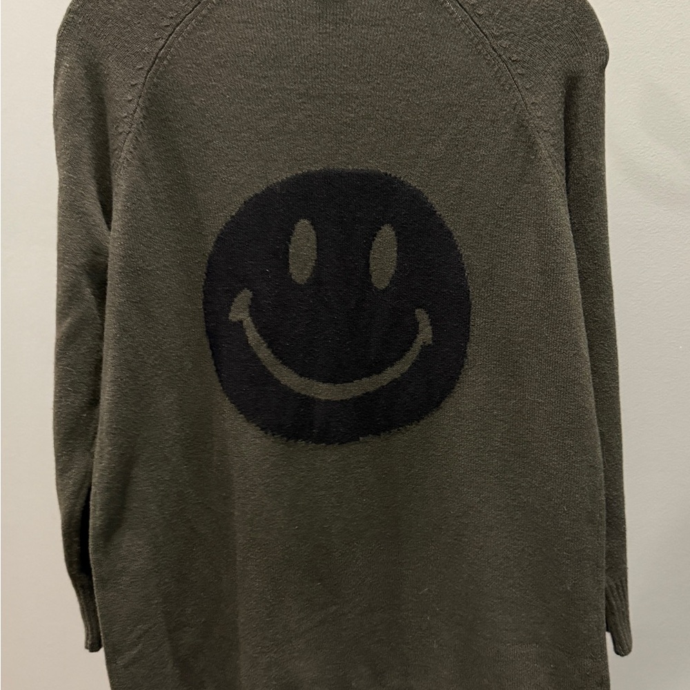 Sweet Romeo Dark Green Smiley Face Open Front Cardigan Sweater